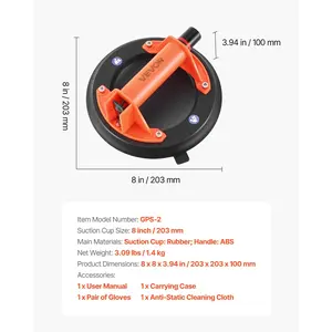 VEVOR Vacuum Suction Cup, 8-Inch Vacuum Glass Lifter with ABS Handle, 400 lbs Max Lifting Capacity Tile Suction Cup Tool with Carrying Case for Lifting Large Tile, Granite, Drywall, Windows (2-Pack)