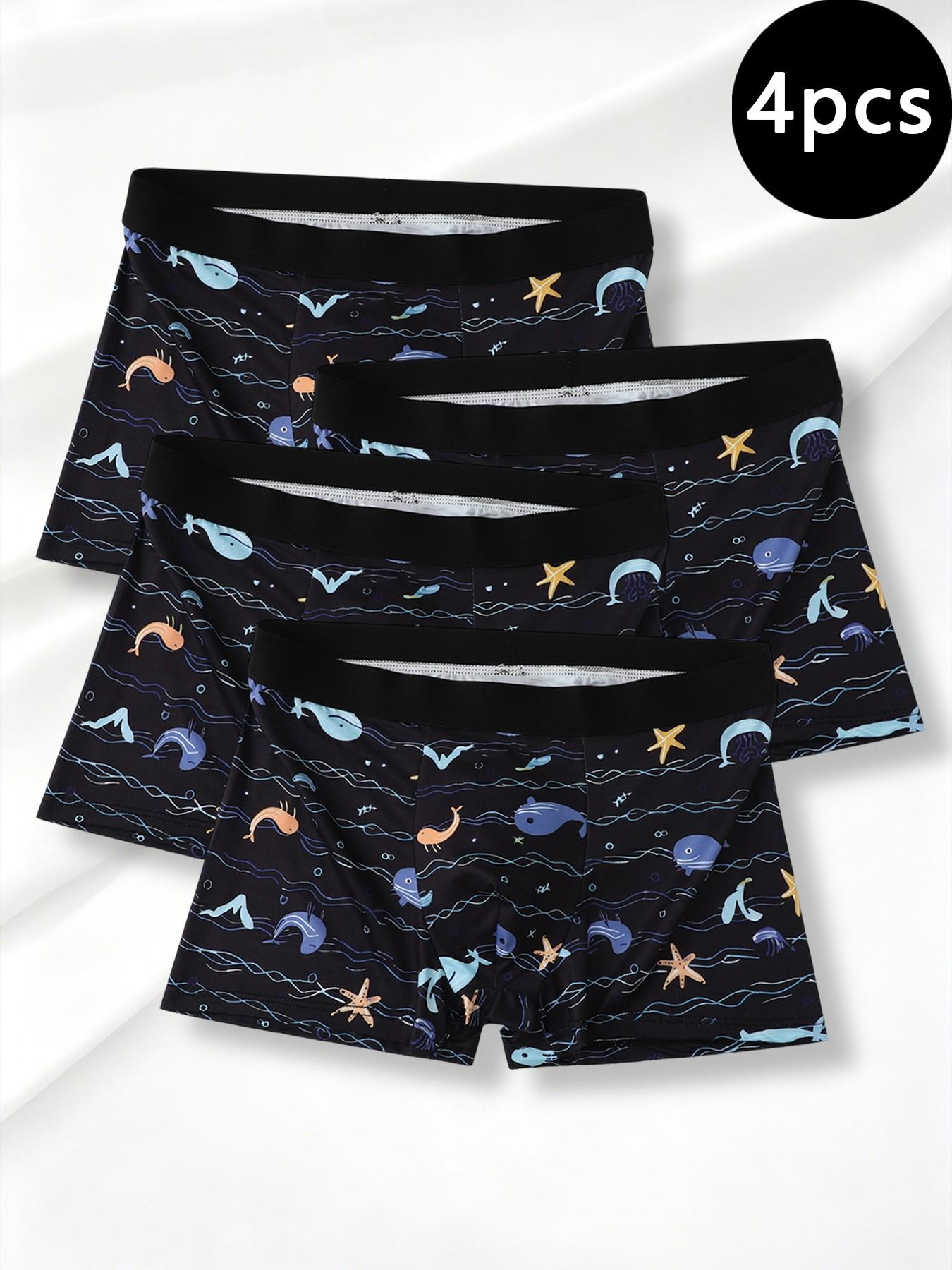 4-piece marine-style men's underwear | Marine life print pattern | Soft and well-shaped