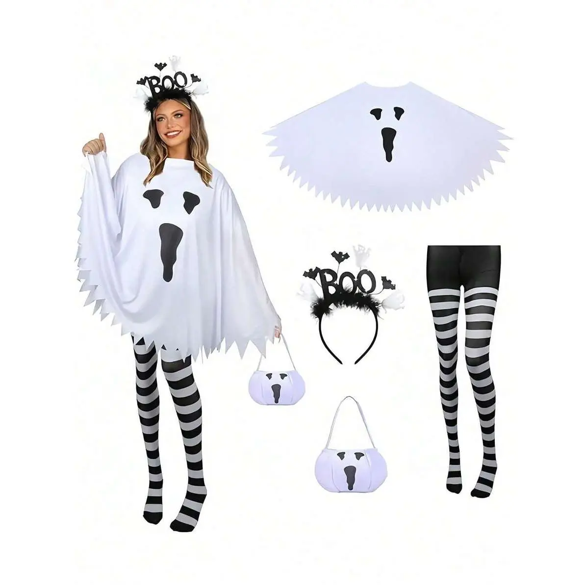 Halloween Women's Ghost Costume Set includ Flared Tunic With Striped Leggings And Boo Headband, Scallop Hem Halloween Cosplay Outfit