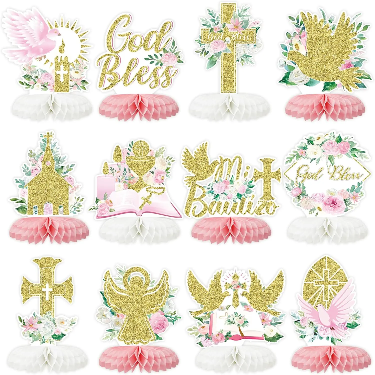 12Pcs Baptism Honeycomb Centerpieces Party Decor,Pink God Bless Cross Religious Baptism Table Centerpieces for Shower First Communion Birthday Party Decorations (pink god)