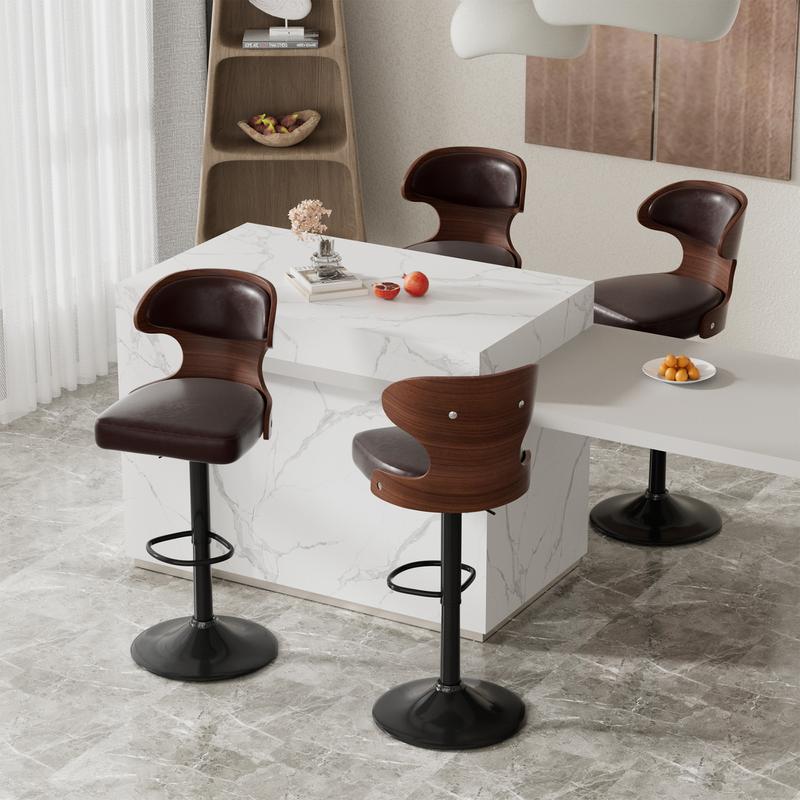 Bar Stools Seat Adjustable Height 24.5-33.5IN - Bentwood Swivel Barstools with Back & Footrest - PU Leather Upholstered Bar Chair for Bar, Kitchen, Dining Room
