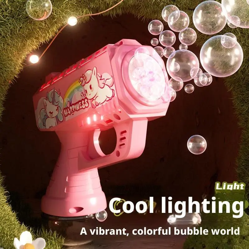 Cartoon Unicorn Electric Bubble Gun - Lighted Bubbles Automatic Soap Blower, Unicorn Theme Outdoor Party Toy for Adults