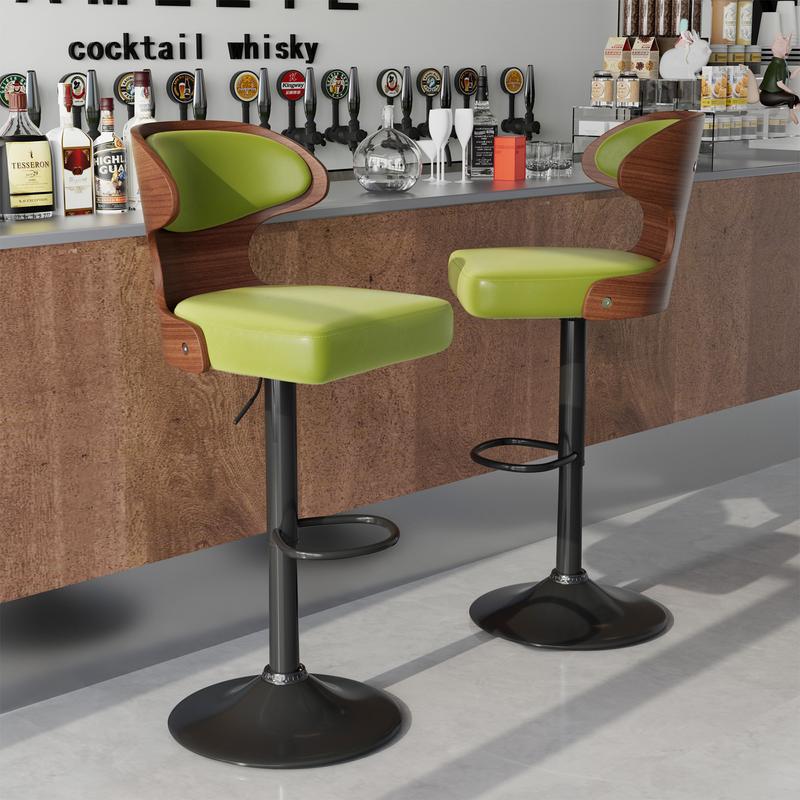 Bar Stools Seat Adjustable Height 24.5-33.5IN - Bentwood Swivel Barstools with Back & Footrest - PU Leather Upholstered Bar Chair for Bar, Kitchen, Dining Room