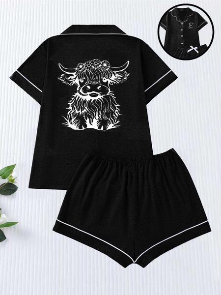 Cute Cow Print Women's Pajama Set, Comfortable Short Sleeve Button Shirt & Elastic Shorts, Casual Home Wear for All Seasons