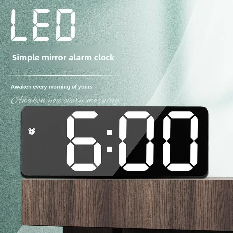 Rectangle RGB Digital Mirror Alarm Clock - Modern LED Desk Clock with Voice Control, Temperature, Date, Snooze, Adjustable Brightness, USB/AA Powered for Bedroom, Office