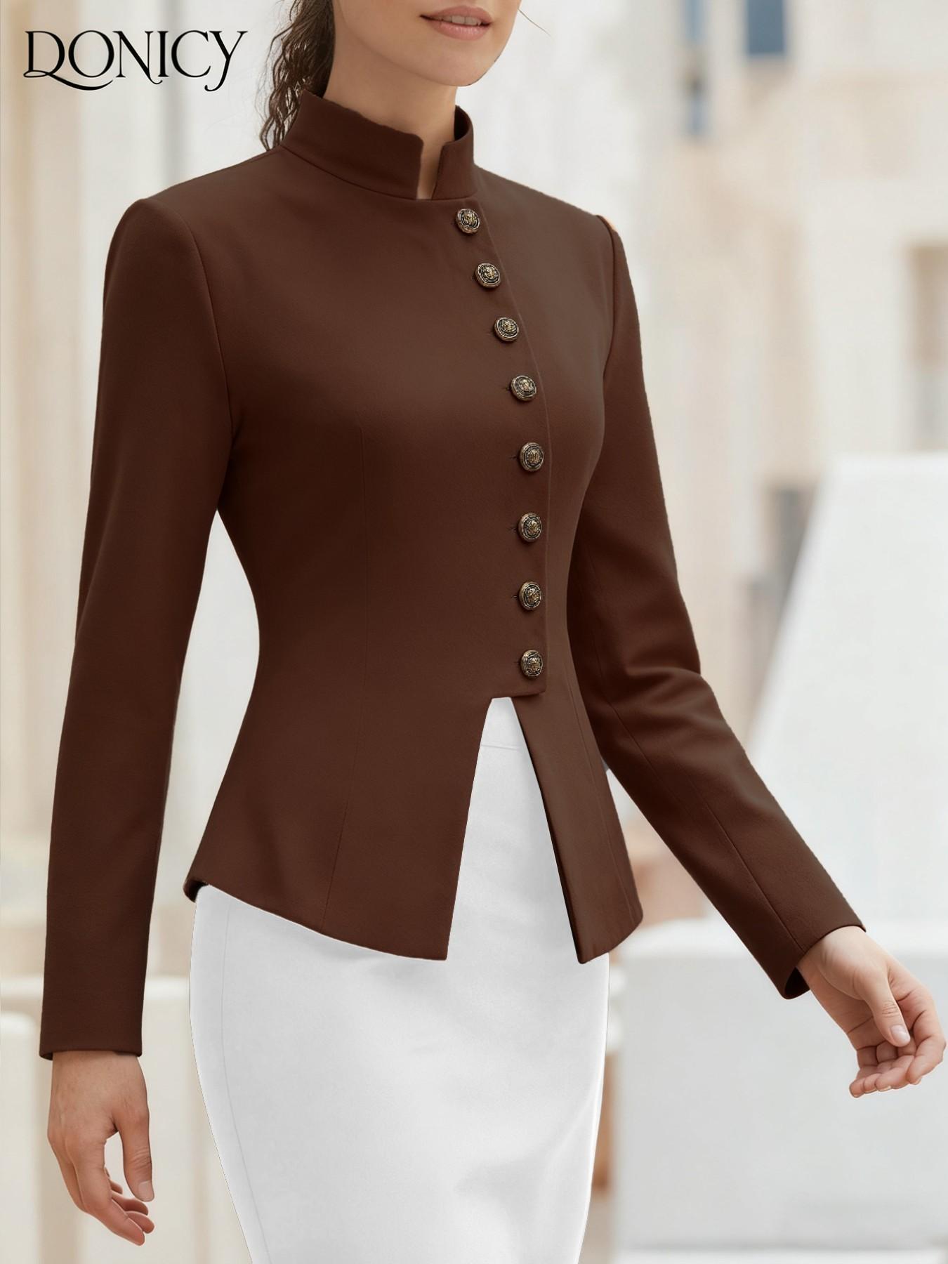 Women's Autumn Winter Solid Color Stand Collar Button Short Coat, Classic Retro Elegant British Style Outwear, Perfect for Casual Dates Business and Graduation