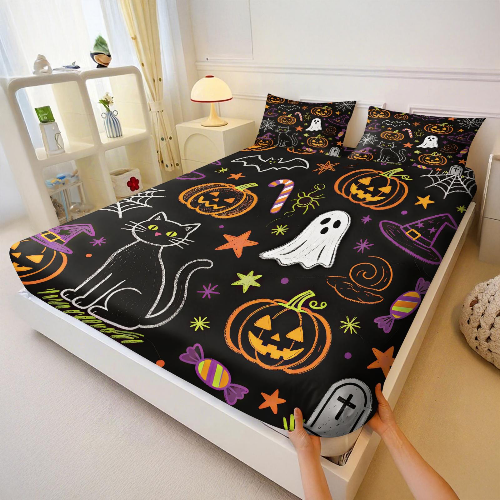 3Pcs Watercolor Halloween Pumpkin Ghost HD Digital Print Fitted Sheet Set, Washable Hypoallergenic Deep Pocket Mattress Cover For Edgy Girls All Season Dark Style Bedroom Decor, Polyester Bedding Set, Bed Sets Supplies