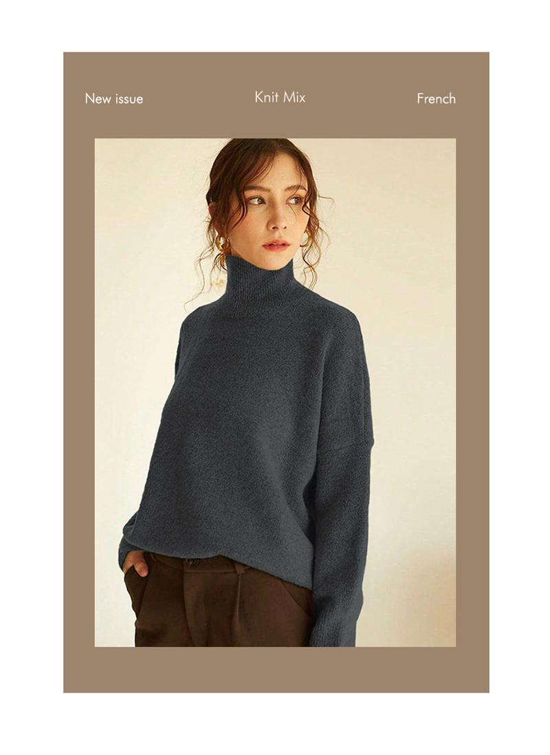 Autumn Winter Women's Sweater, High Neck Loose Casual French Style Knitwear, Elegant Simple Solid Color Pullover, Long Sleeve Knit Top