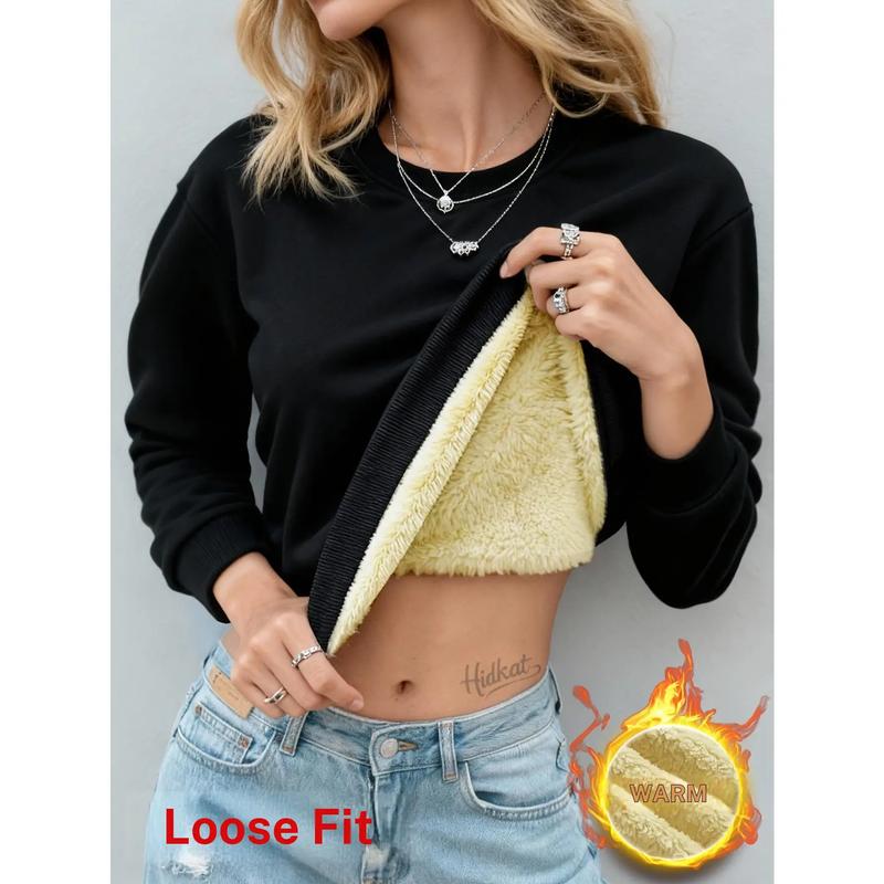 Women's Thermal Ribbed Fleece Thick-Lined Plush Cotton Blend Round Neck Sweatshirt - Minimalist Retro Casual Jogger Winter Warm Top, Smooth Dry-Cleanable Fabric (Pair with Skirts)