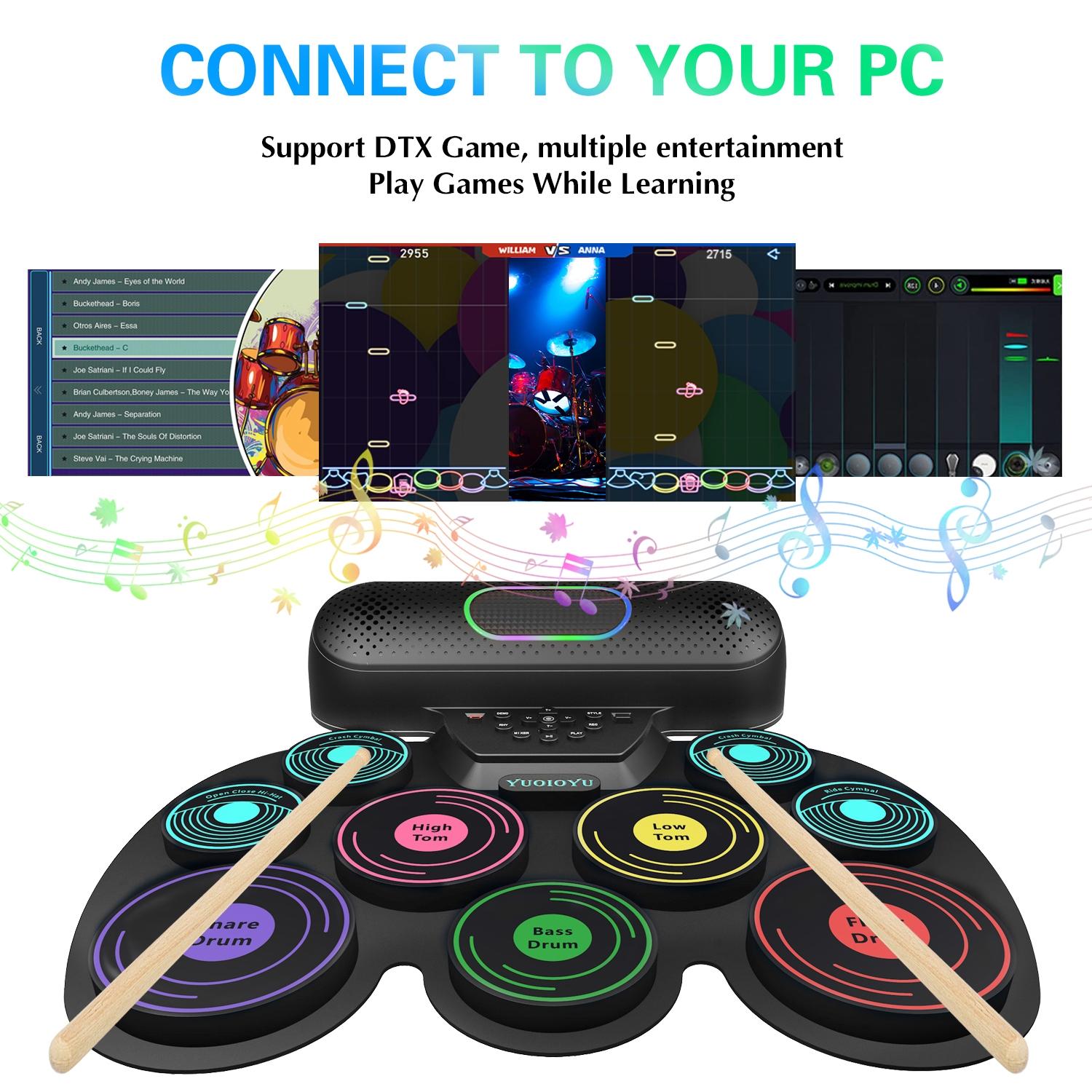 9-key electronic drum set, including drumsticks, speaker, foldable practice pad, dual pedals, portable design, suitable for adults and beginners