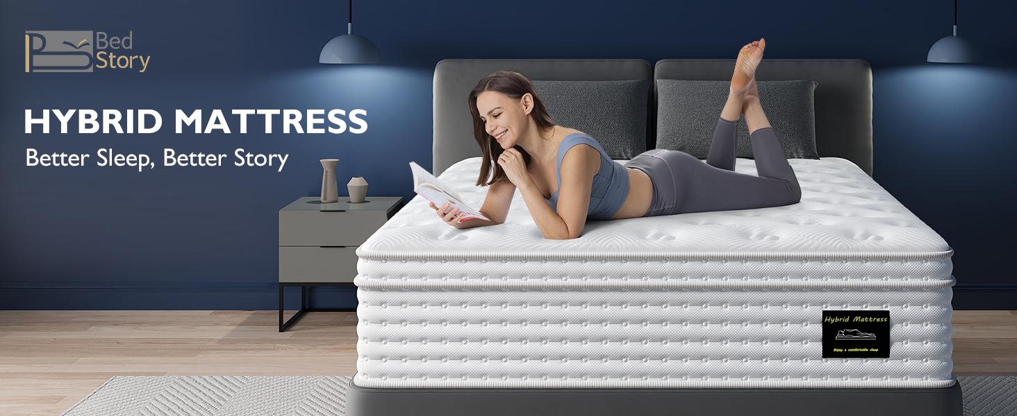 BedStory 14'' Hybrid Mattress - Queen/King, Memory Foam & Pocket Springs for Pressure Relief, Fiberglass Free Ergonomic Home White