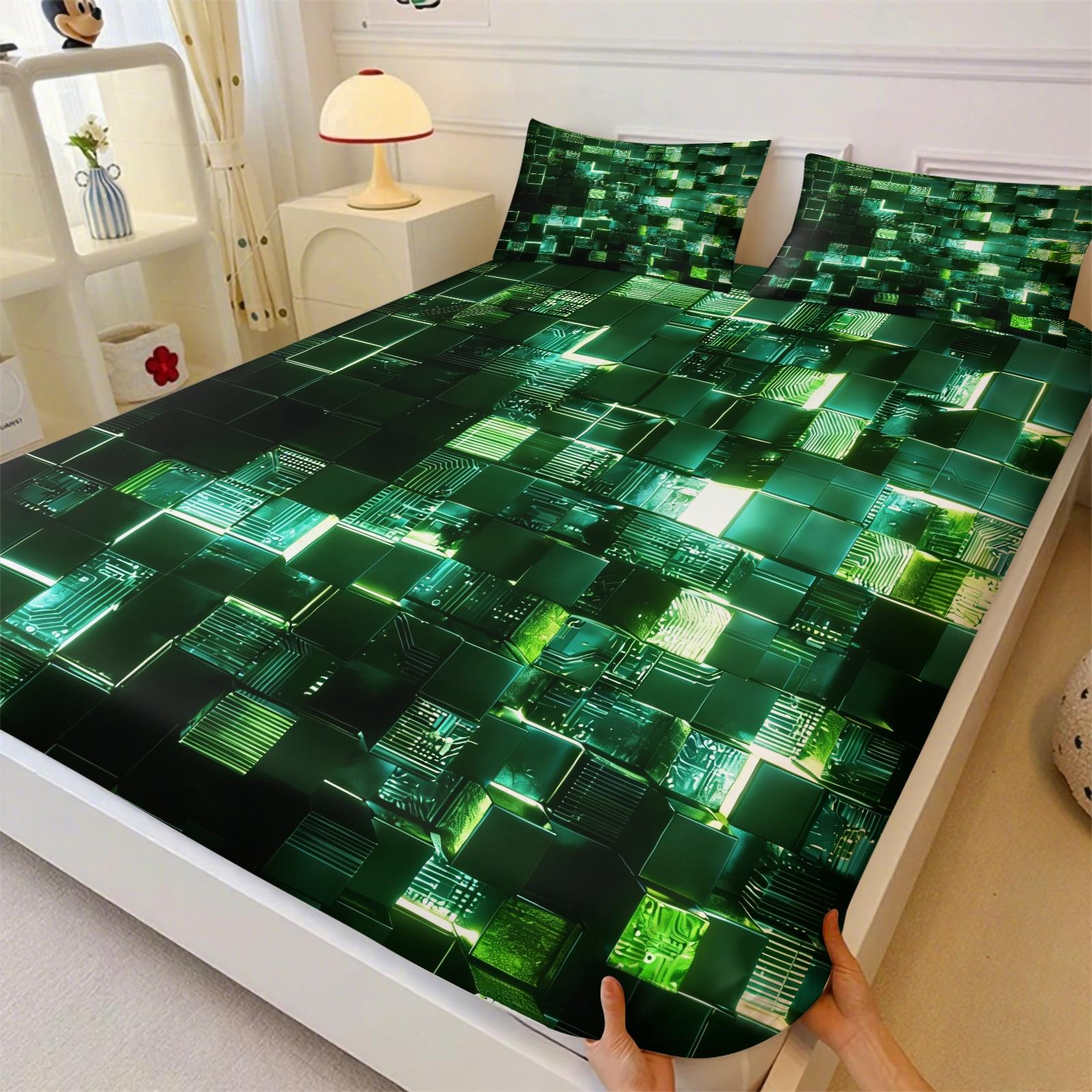 Deep Sea Neon Cube 3D Visual Fitted Sheet Set & 2 Pillowcases No Core, Blue Metallic or Glass Reflective Textures Square Matrix Blocks Design, Soft Wrinkle-Resistant, Futuristic Bedroom Decor, Gift Choice