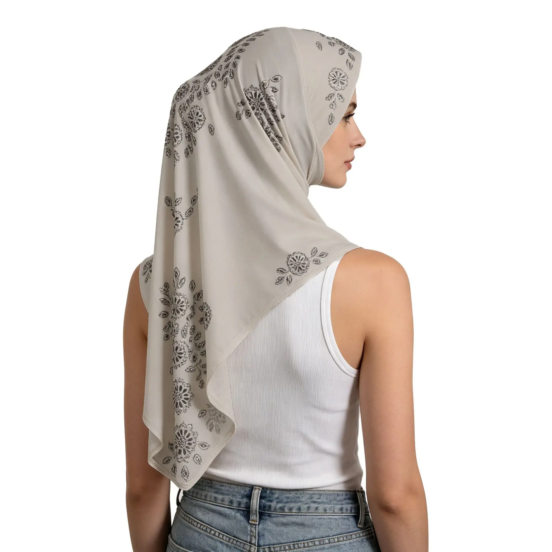 Viral Instant Hijab Rhinestone Floral Back Pattern Full Cover Neck Scarf Breathable Stretch Jersey Pull On Khimar Cap Modest Fashion Party Prayer Headwear