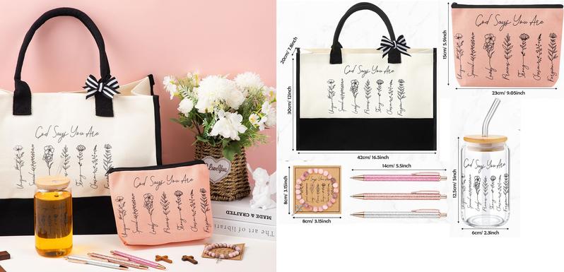 Christian Gifts for Women Faith Gifts Religious Gifts with Tote Bag Makeup Bag Candle Cross Necklace Cup Greeting Card for Birthday Church Study Supplies, Gift for Christian Women Girl Mom Wife, Elegant Easter Gift for Sunday Prayer