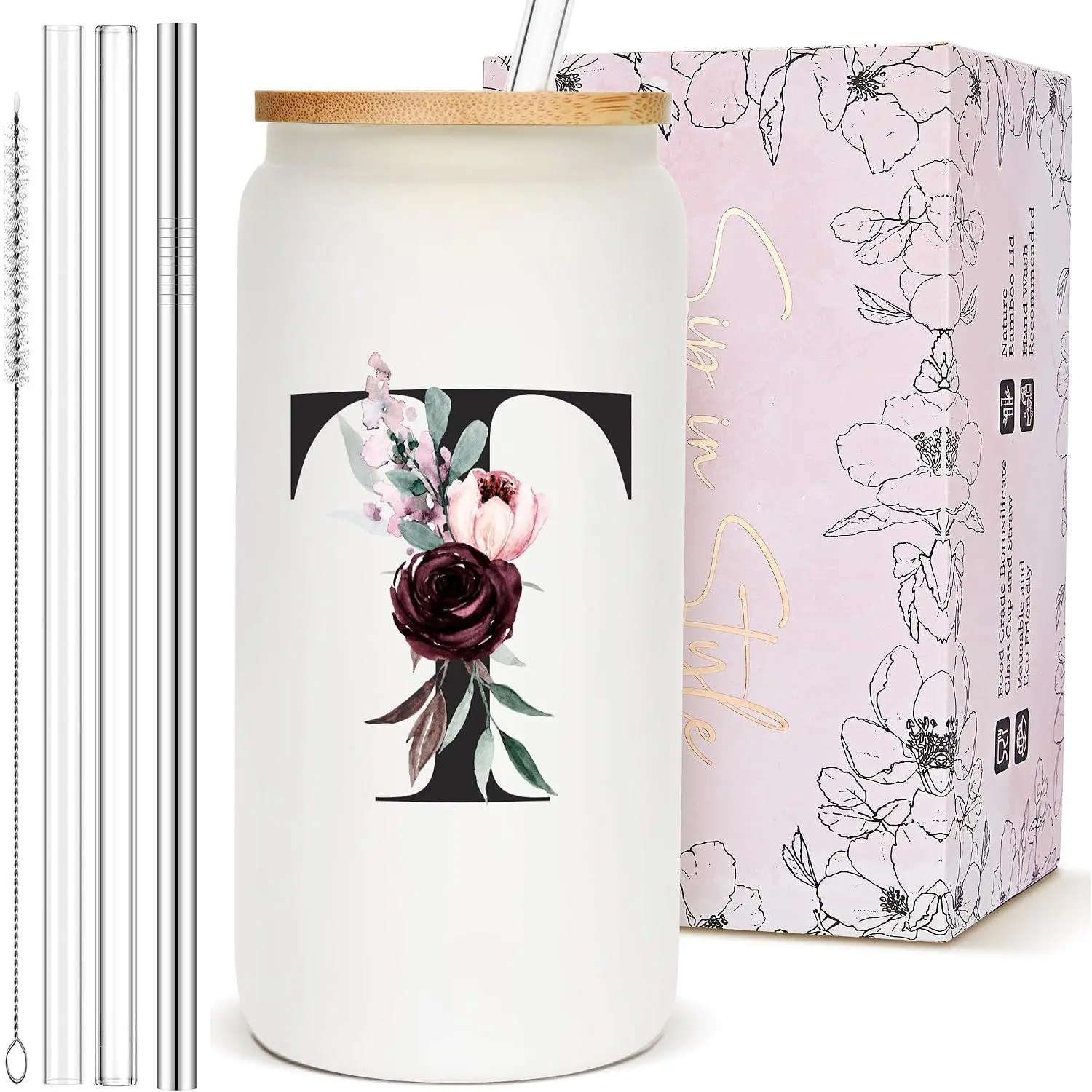 Personalized Customized Gifts for Women, Cute Glass Cups with  and Straws, Monogram Initial Drinking Iced Coffee Cup Custom Letter Tumbler Mug, Manager Workers Godmother Assistants Nurse Gifts, T