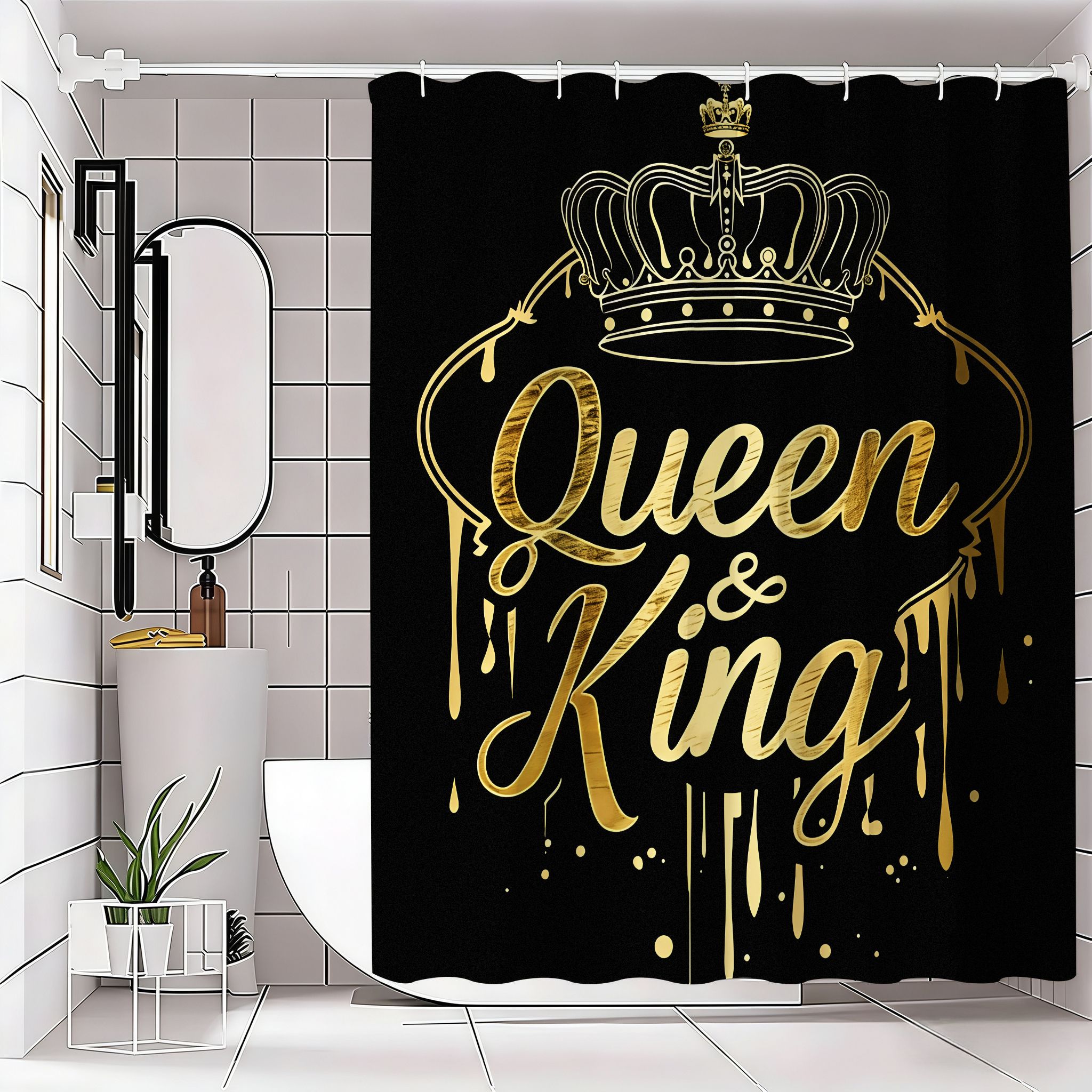 Luxurious Shower Curtain with Design, Queen & King Cursive, Crown Illustration, Ideal for Regal Bathroom Decor
