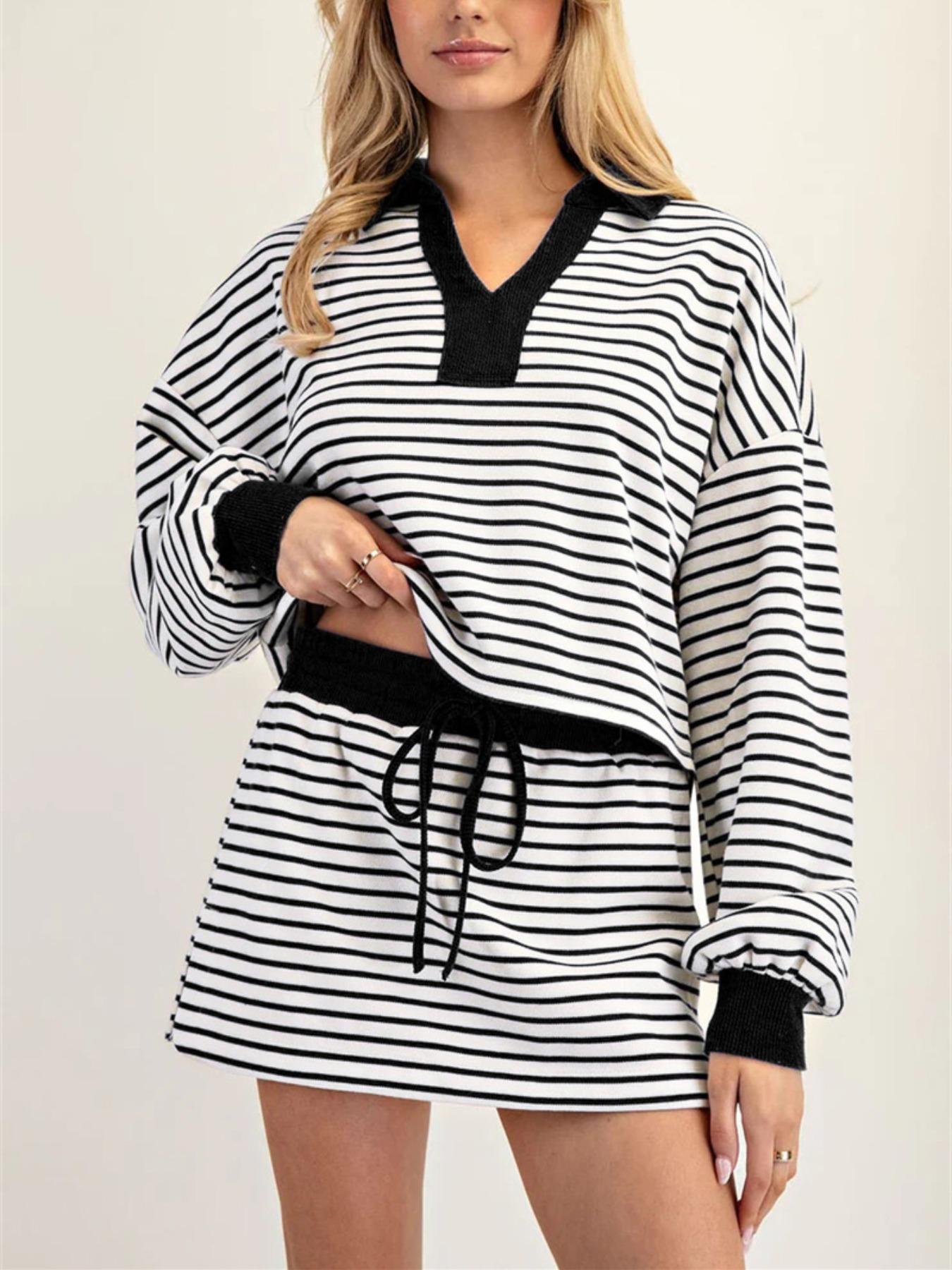 Women's Fashion Casual Striped Knit Top & Adjustable Drawstring Waist Skirt Set, Loose Fit Home Wear, Comfortable Two-Piece