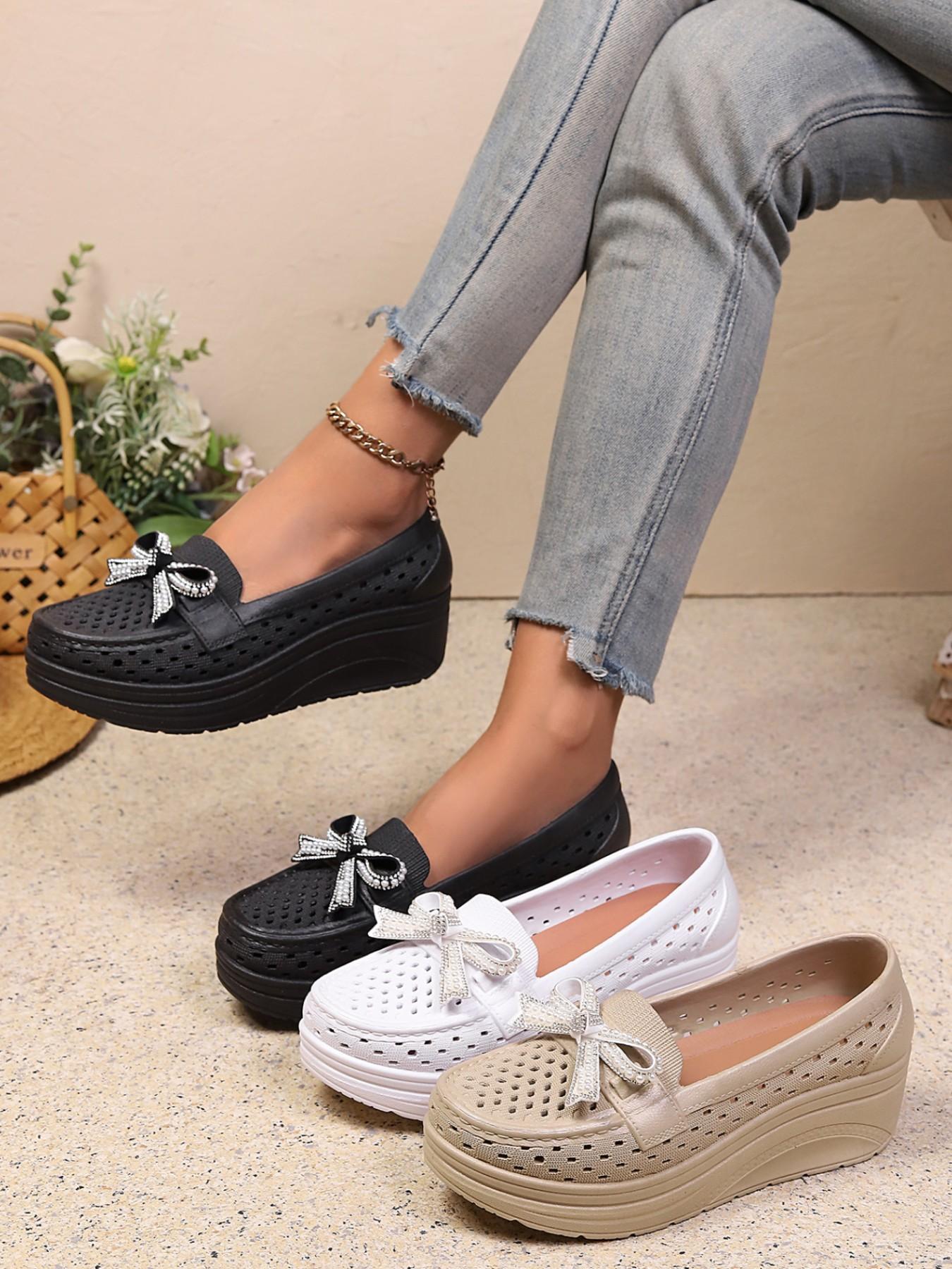 Summer New Metal Buckle, Bowknot, Pearl Decorative Hollow Out Breathable Platform Shoes, Thick Sole Heeled Loafers, Slip-On Lazy Shoes