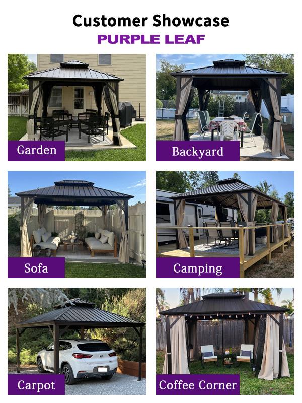 PURPLE LEAF Outdoor Hardtop Gazebo Bronze Metal Frame Galvanized Steel Double Roof with Lights-milky