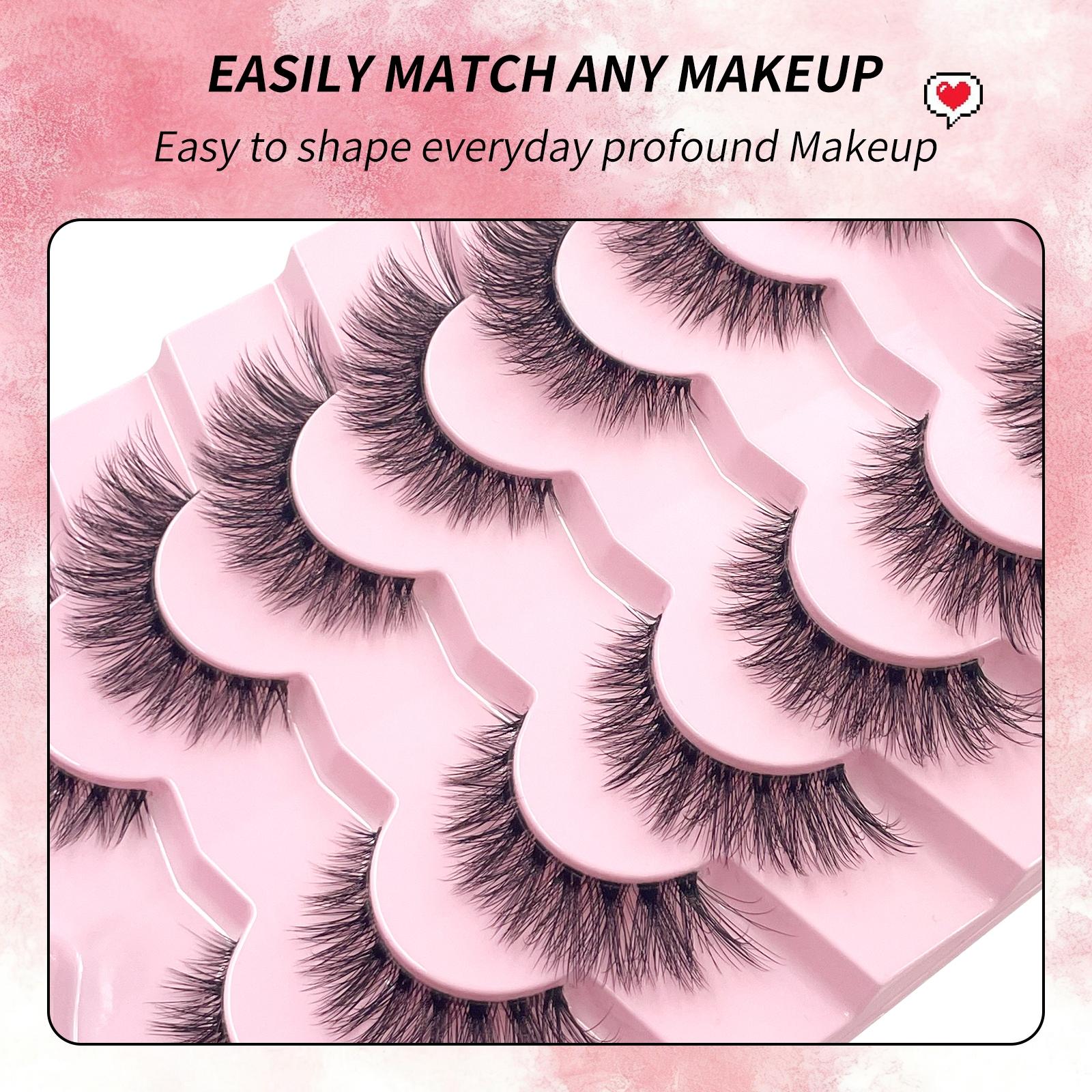 7 Pairs Lashes With Clear Band Fluffy False Lashes Pack Natural Look False Eyelashes Wispy Eyelashes Curly Makeup Eyelashes For Daily Wear
