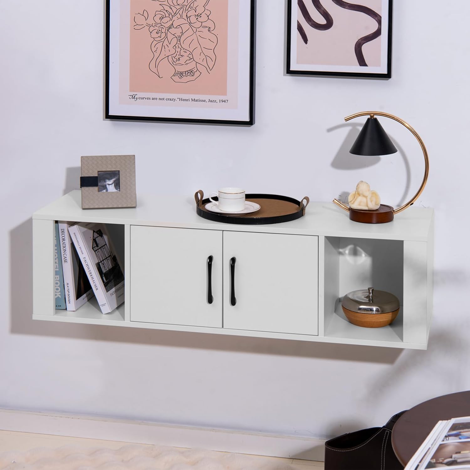 Wall Mounted Storage Cabinet 2 Cube Floating Media Hanging Desk W/2 Doors and 2 Open Shelves, Home Office Furniture for Kitchen, Bathroom, Living Room Floating Console Hutch (White)