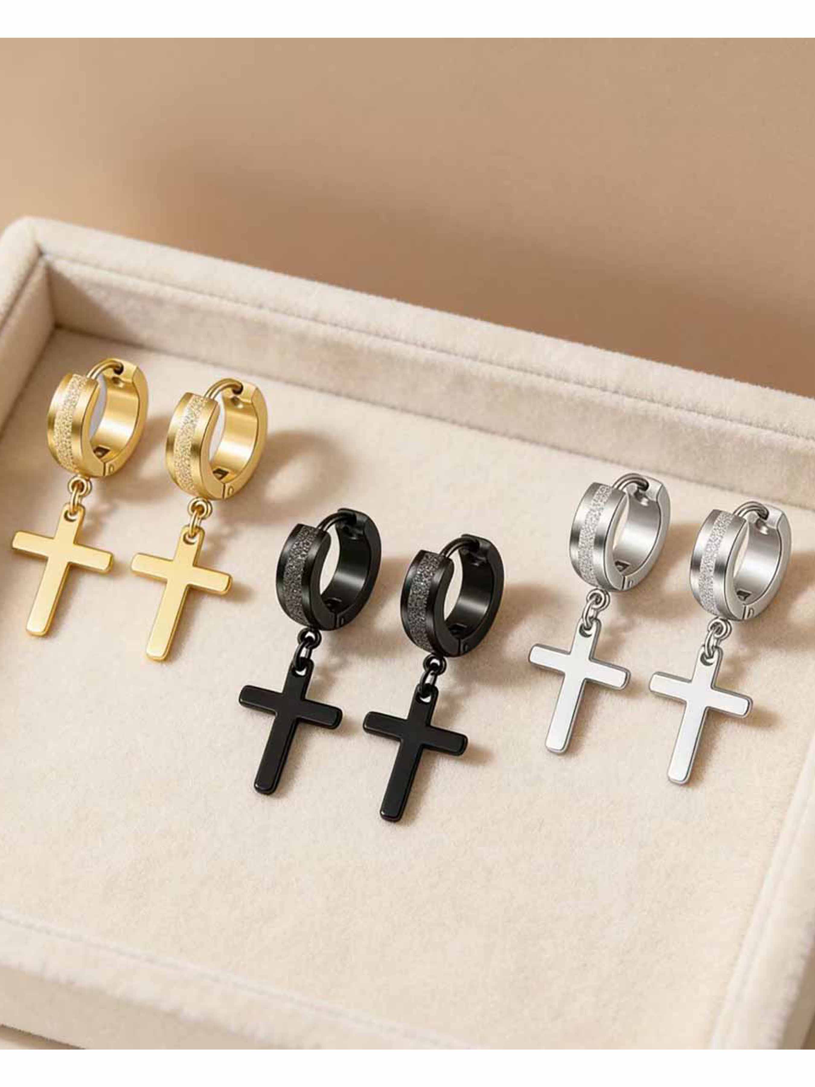 3 Pairs High-End Matte Finish Earrings, Cross Pendant Studs, 304 Stainless Steel, Classic Round Clip Design, Unisex, Versatile Jewelry