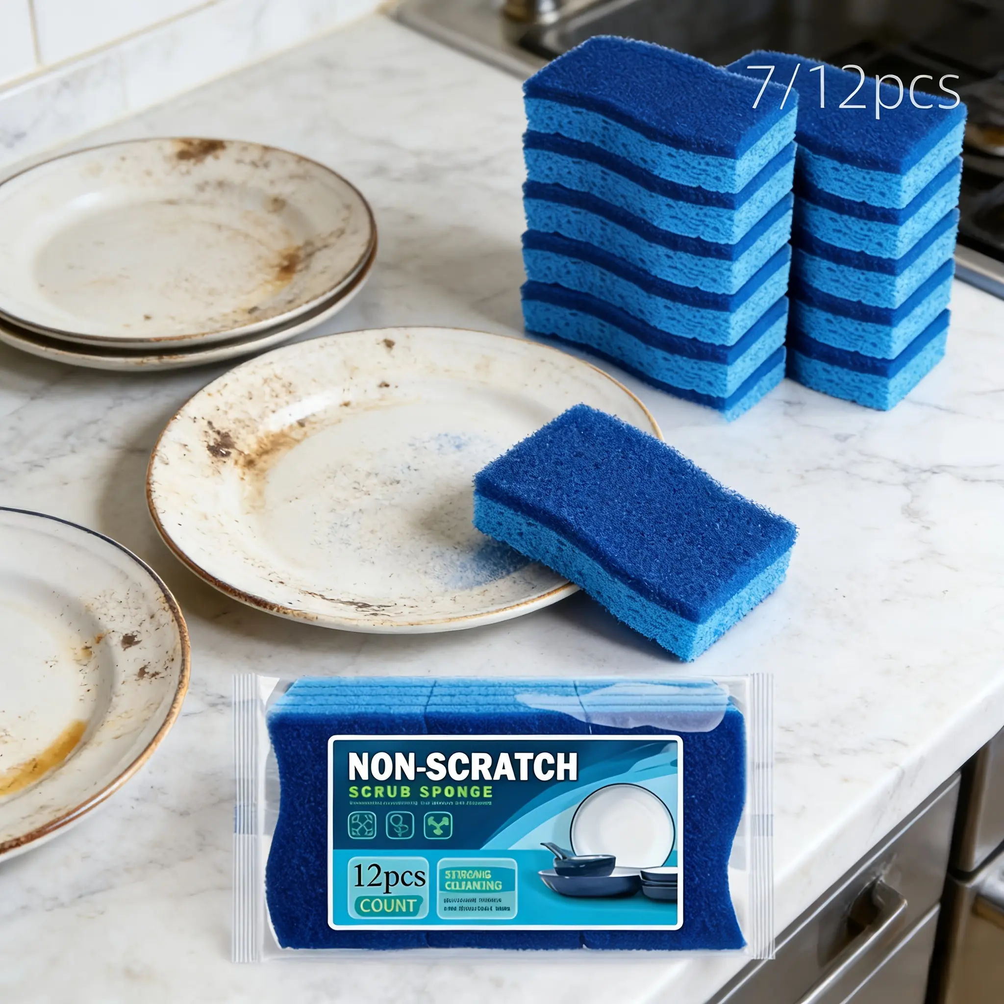 Trace-Free Dishwashing Sponge - Powerful Blue Scrub Pad, Quickly and Efficiently Removes Stubborn Stains, Daily Use |   Strong Cleaning Effect |   Durable Dishwashing Sponges, Pack of 12, Wooden Sponge