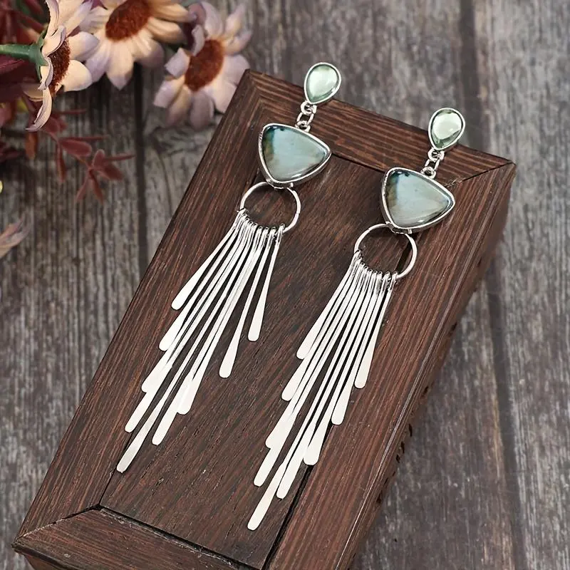 Bohemian-style long fringe triangle drop earrings with synthetic gemstone inlay and alloy