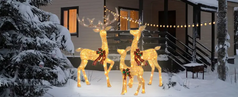Product Introduction of FOOWIN 3D Large Lighted Christmas Deer Family Set, 3-Piece 4.8Ft Pre-Lit Reindeer Outdoor Christmas Decoration with 210 LED Lights, Red Bows,Stakes, for Yard Patio Lawn Garden Courtyard 12