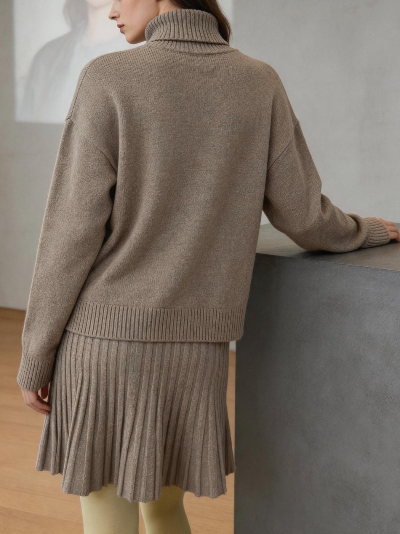 Oatmeal Color High Neck Knit Set for Women, Soft Cashmere Feel Sweater and Pleated High Waist Short Skirt Two-Piece, Cozy and Stylish