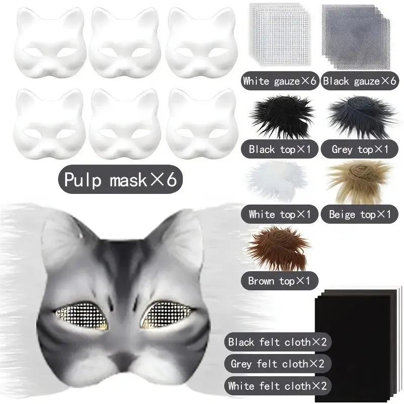 6Pcs Therian Mask DIY Set White Cat Mask Base with Faux Fur Eye Mesh Whiskers and Painting Tools for Costume Party Cosplay Halloween Costume fnaf mask Felt Kit As Gift Furry Mask