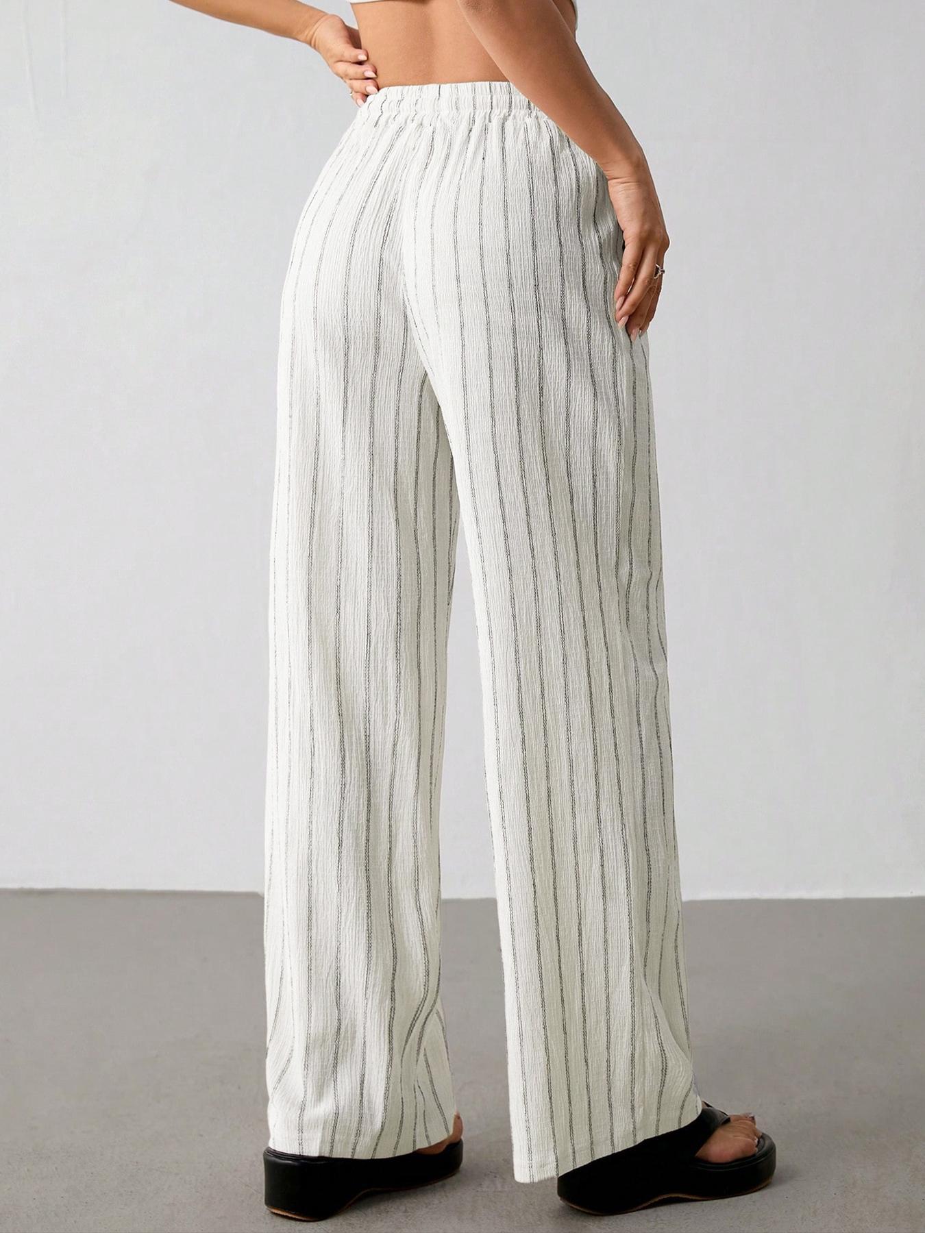 Women's Striped Waist-Tie Straight-Leg Loose Streetwear Pants, Casual Style, Moderate Fabric Thickness, All-Season Wear