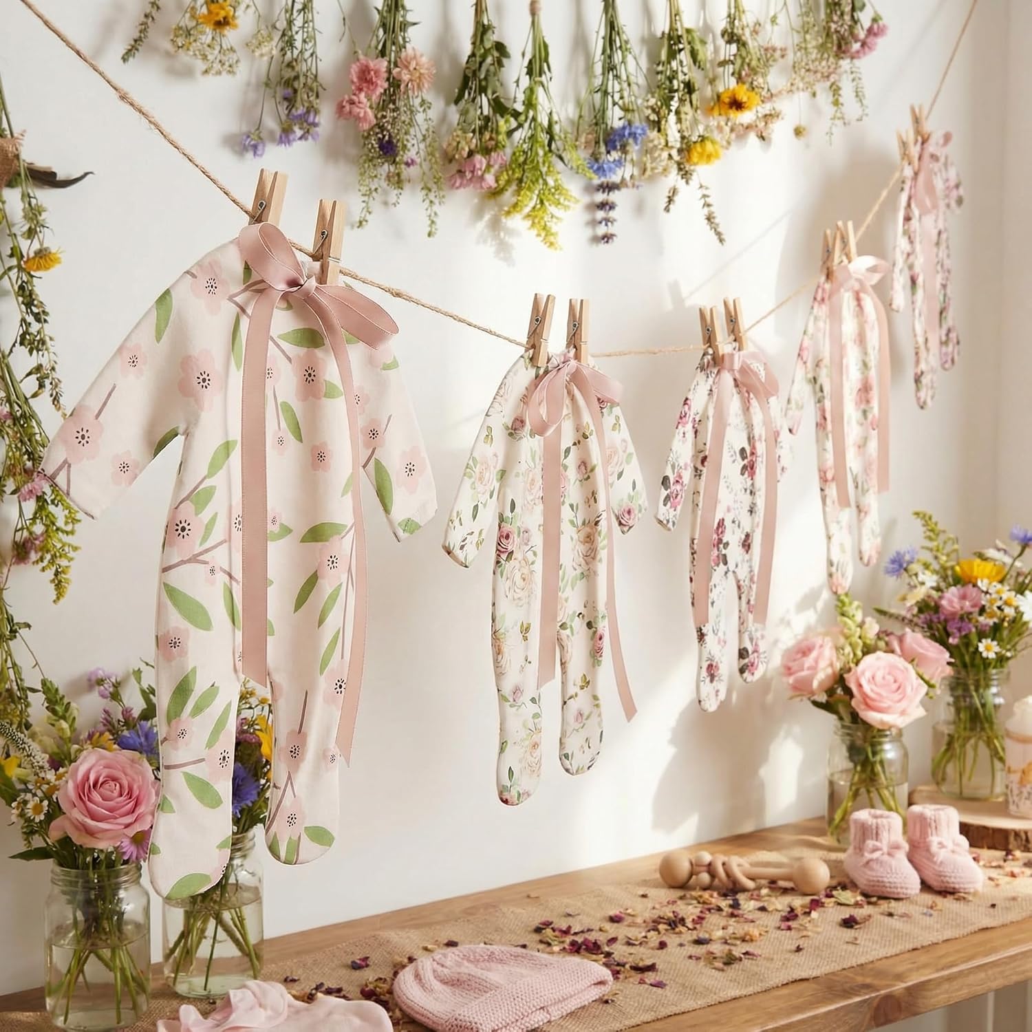 Baby Shower Decorations - Blush Pink Floral Paper Pajama Banner with Ribbon Bows, Shabby Chic Wildflower Garland for Gender Reveal, 10ft Jute Rope Vintage Nursery Wall Decor