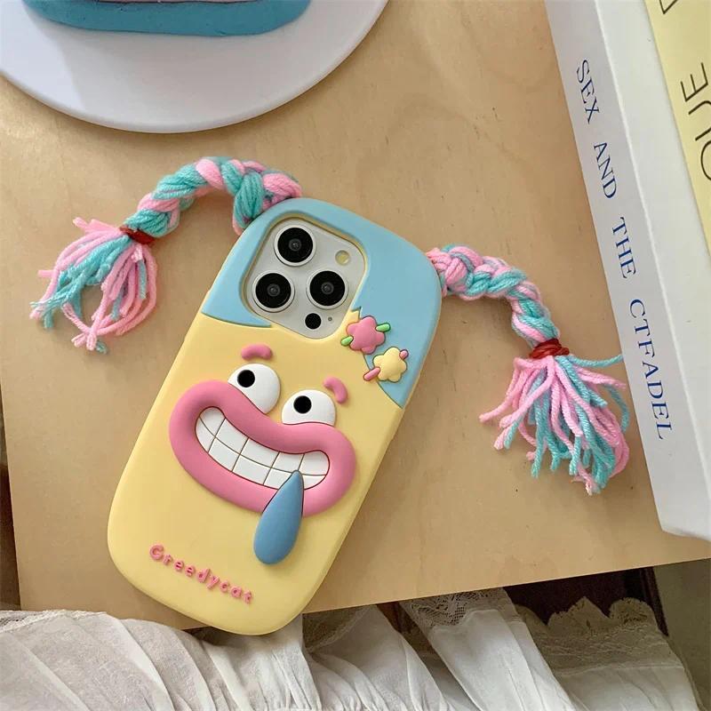 3D Funny long braid cute girl phone case iphone11 12 13 14 15 16 Pro 13pro Max Funny shockproof protection soft silicone Kawaii