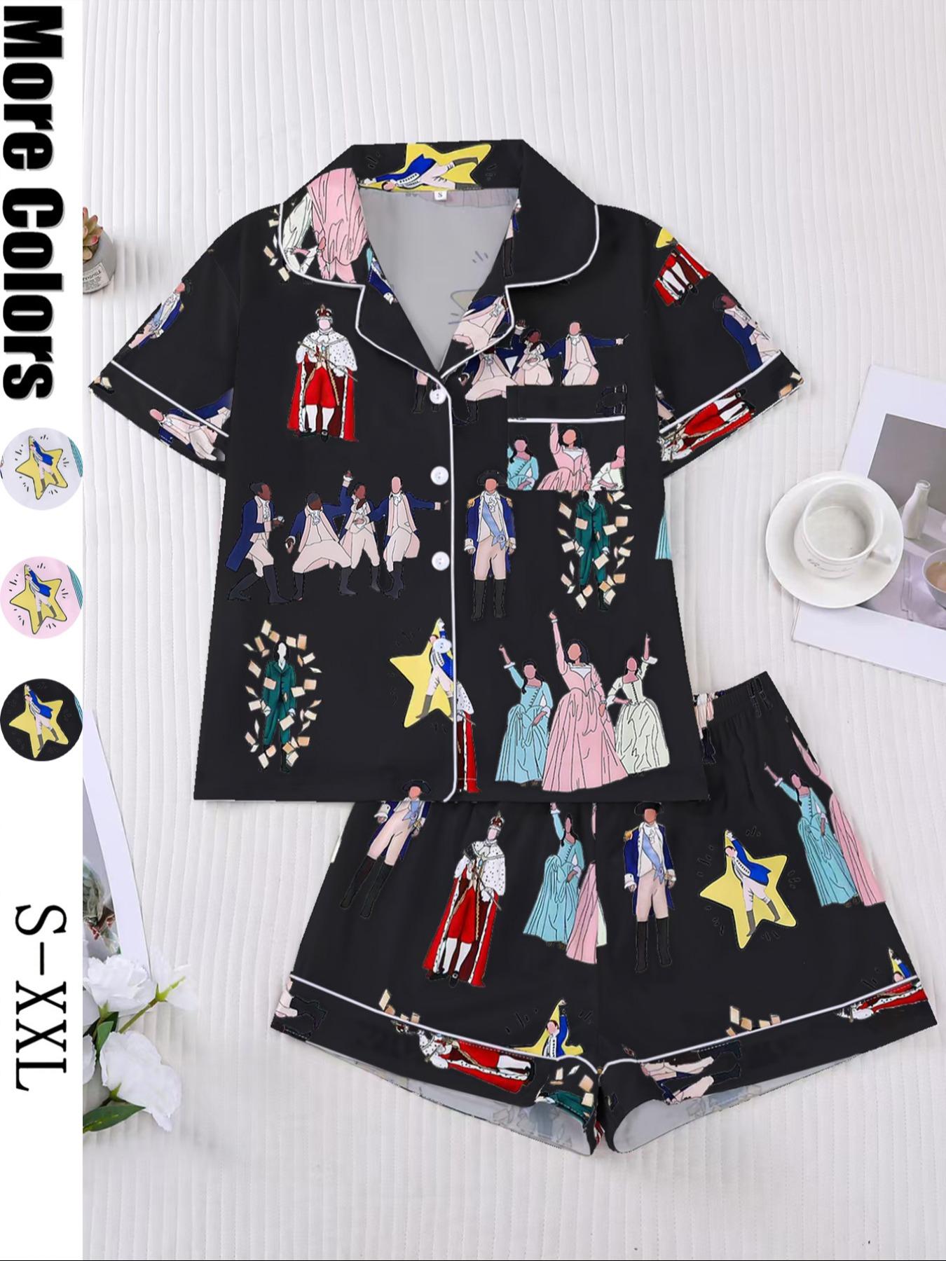 Hamilton Musical Themed Women's Pajama Set, Short Sleeve Shirt Collar Button Soft Top & Elastic Shorts, Casual Home Wear