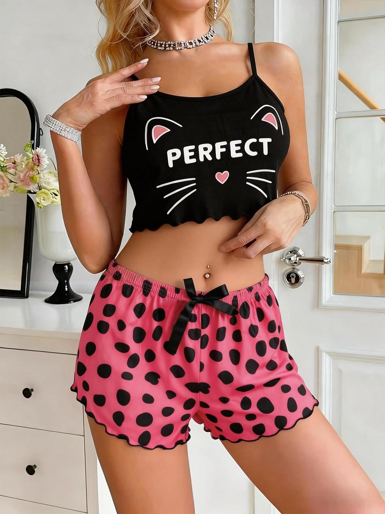 Women's Summer Sleepwear Set, Sexy Halter Top, Cartoon Letter Print, Polka Dot Bow Decor, Comfortable Lounge Wear, Casual Home