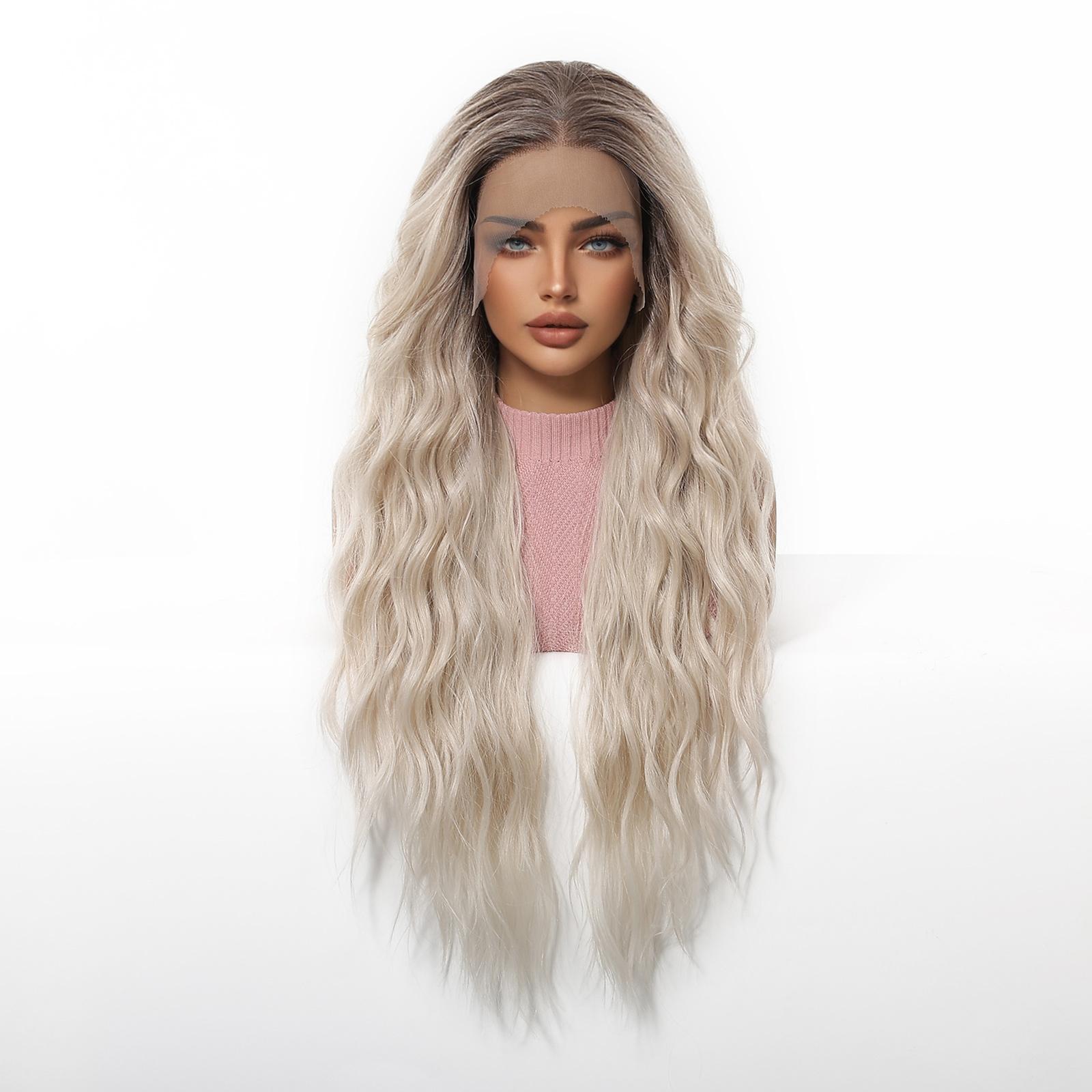 13x6 Lace Front 30 Inch Wig, Heat Resistant Synthetic Hair, Ash Brown Root Ombre Platinum Blonde Layered Long Wavy Wig, Natural Daily Style, Breathable & Easy to Wear, Versatile for Daily Commute, Beginner-Friendly