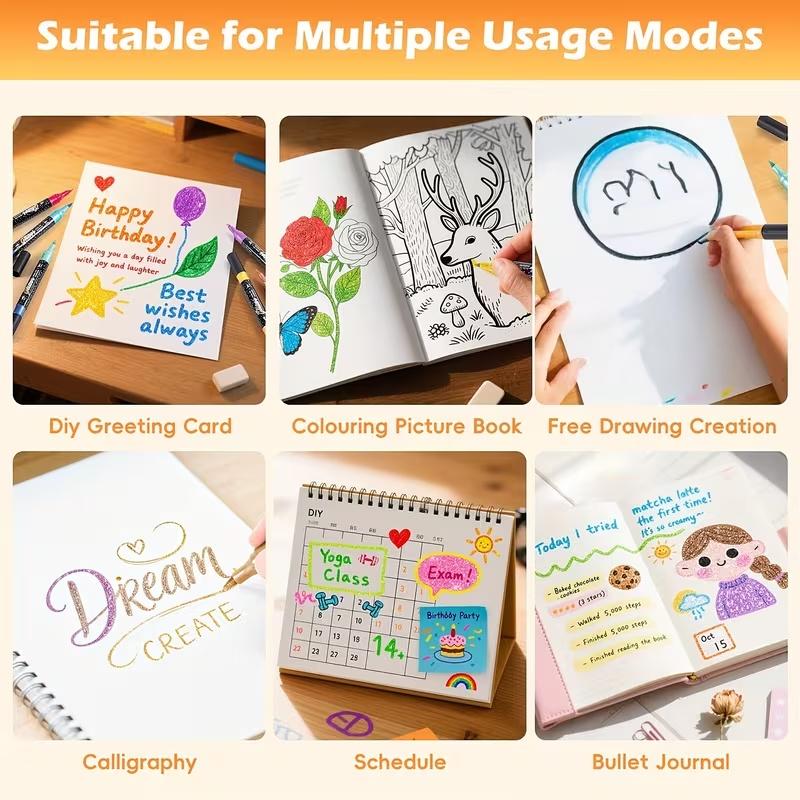 24-Color Double-Head Glitter Pen with Quick-Drying Adhesive Ink-Thin Nib, Random Color, Tip to Barrel, Suitable for Scrapbooking, Card Making, Diary, 24-Color Double-Head Painting Pen-Glitter Marker Set, Suitable for S, Artists And Supplies