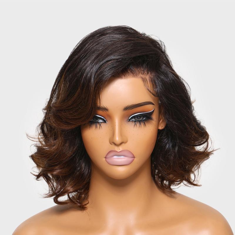 Sunber Chestnut Brown Ombre 13x4 Pre-Everything Loose Wave Wigs Glueless Short Wigs Bouncy Human Hair Shoulder length Lace Frontal Wigs Pre Plucked Pre Cut Lace Bleached Knots