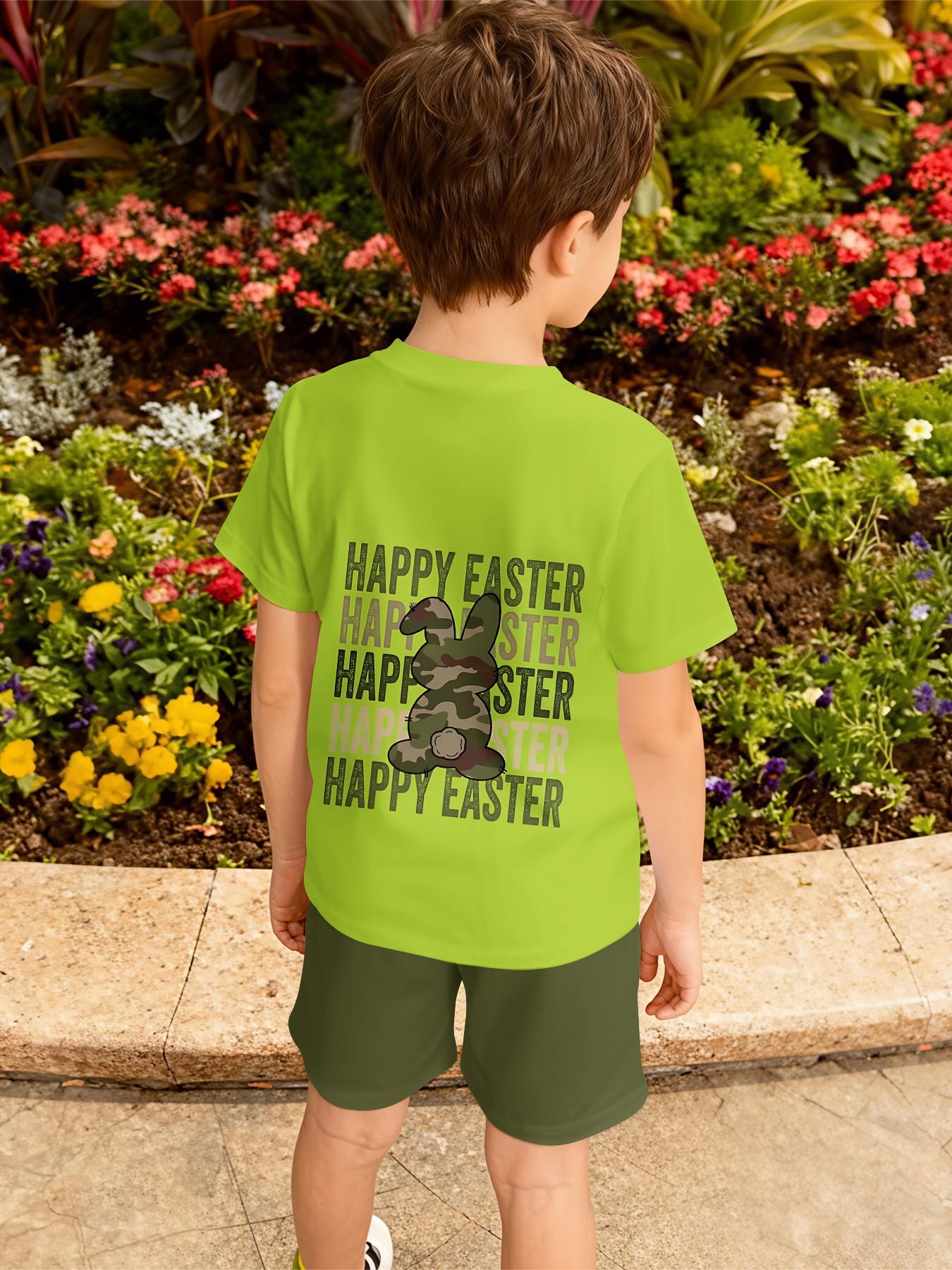 Fluorescent Green Camouflage Rabbit HAPPY EASTER Two-Piece Short Sleeve and Shorts Set, 100% Polyester Casual Loose Outfit, Summer Fun Printed Pattern, Outdoor Sports T-Shirt Set, Perfect Gift for Boys