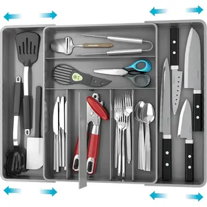 Simple Houseware Expandable Kitchen Drawer Flatware Organizer, Gray – Adjustable Cutlery Tray with 9 Compartments for Utensils and Silverware