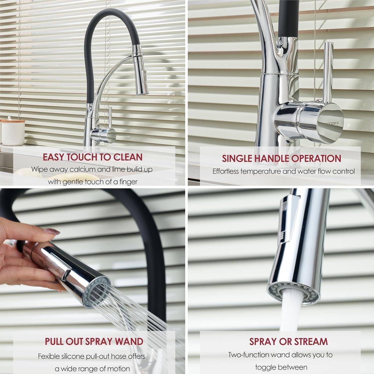 Extractable Kitchen Faucet Flexible Silicone Sprayer, Single Handle Pull-Down Brass Goose Neck, Modern High Arc, Polished Chrome Rubber Nozzle Hose