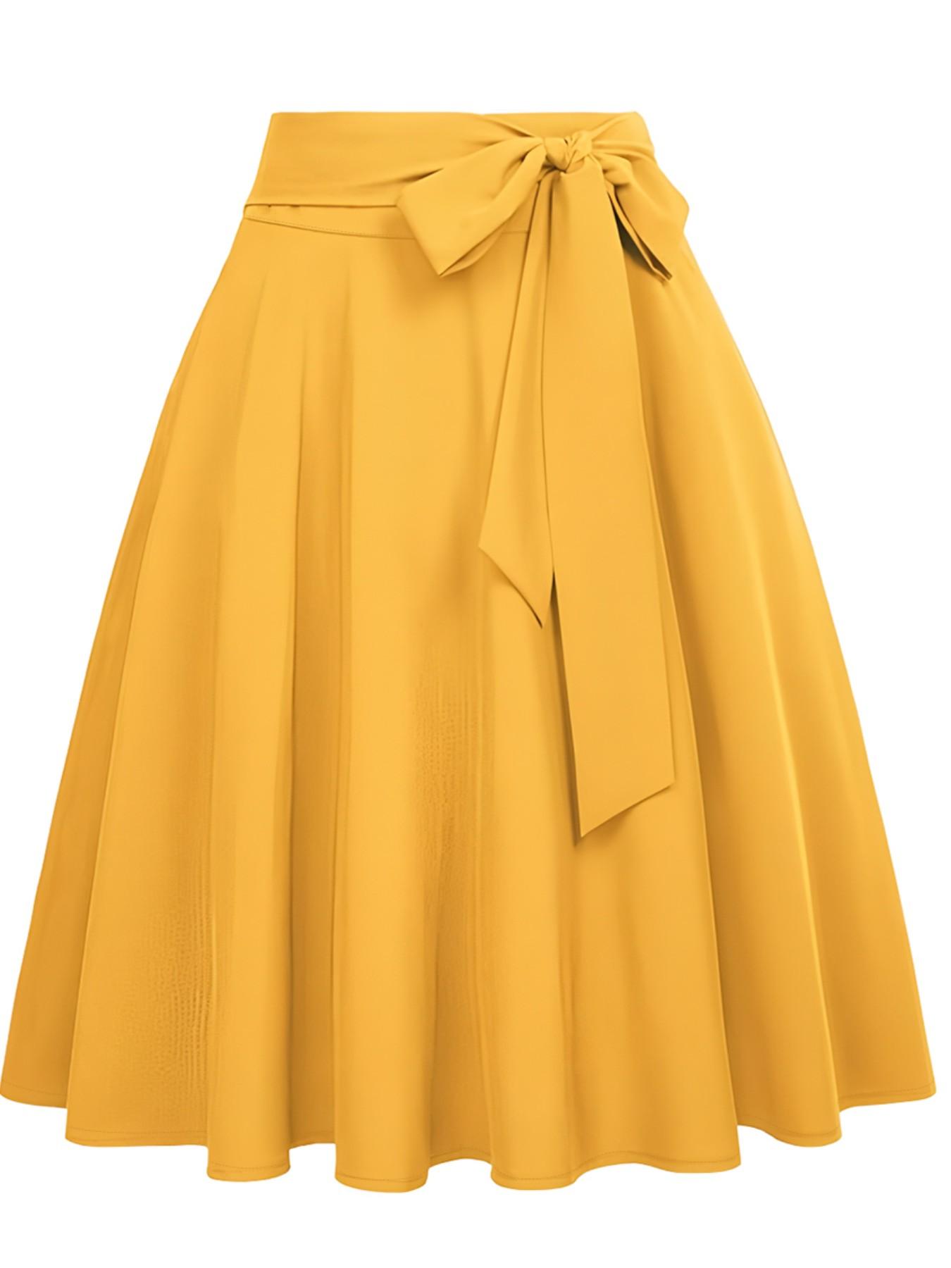 New Spring Summer Women's Solid Color Midi Skirt High Waist Zipper Design Umbrella Hem Bow Belt Elegant Fashion Commuter Versatile