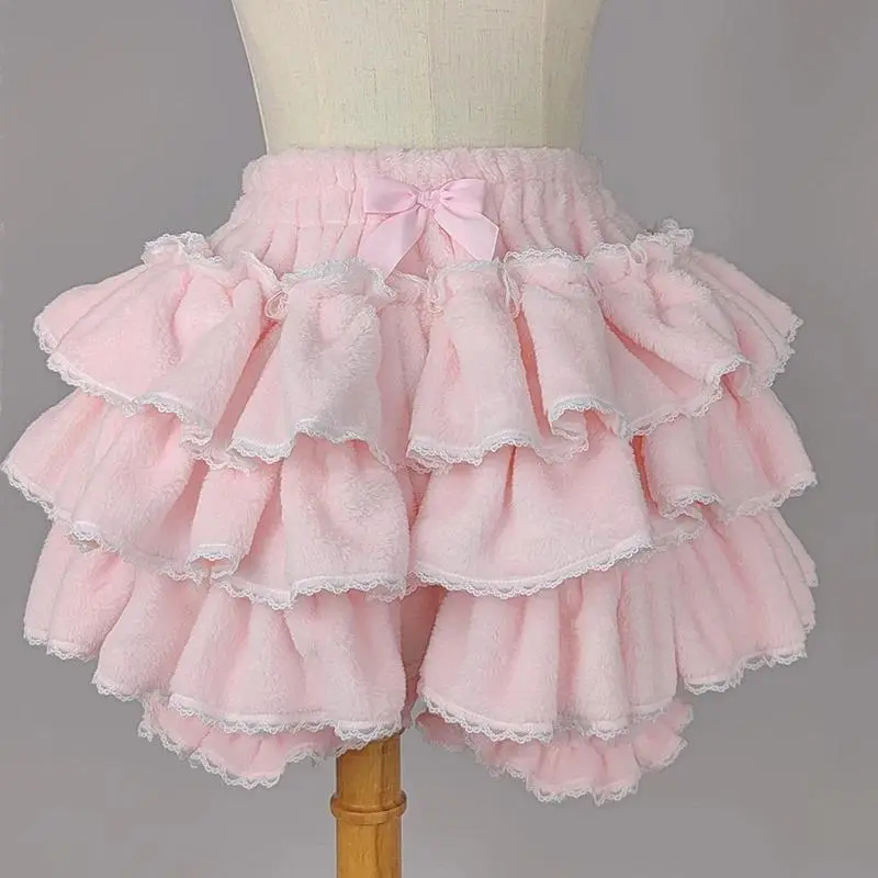 Pink Layered Ruffle Pumpkin Pants Y2k Sweet Lolita Bloomers Shorts Autumn Winter JK Plush Shorts Japanese Lantern Shorts