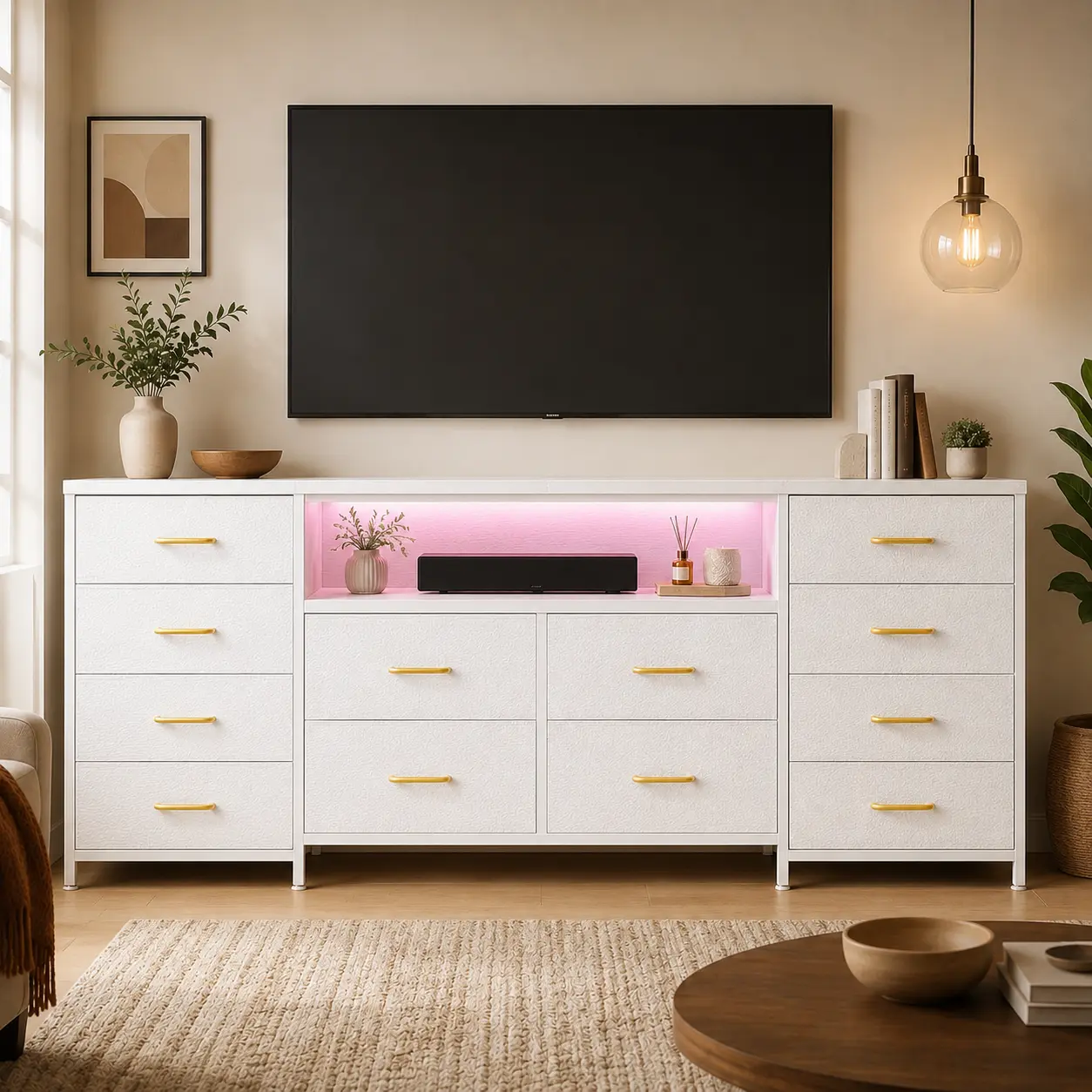Rust Brown Modern European TV Stand for 55‑75 Inch TV, 12‑Drawer Media Console with LED Lights, Remote Control, Charging Station & Cable Management, Heavy‑Duty Entertainment Cente