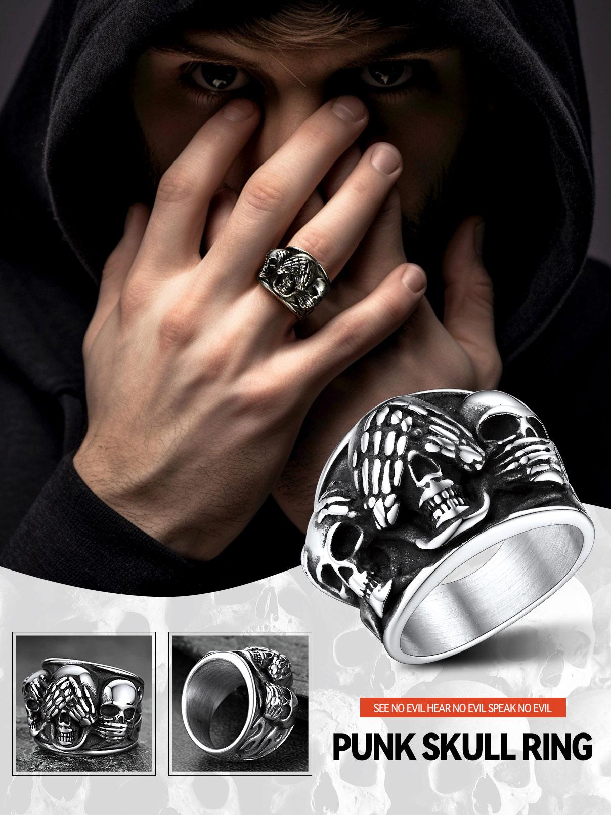 FaithHeart See No, Hear No, Speak No Skulls Band Ring Stainless Steel