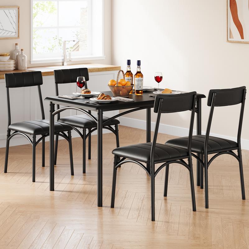 Dining Table Set for 4, Kitchen Table and Chairs, Metal and Wood Rectangular Dining Room Table Set with 4 Upholstered Chairs, 5 Piece Dining Set for Small Space, Apartment, Rustic Brown,Black,Grey Furniture Modern Home