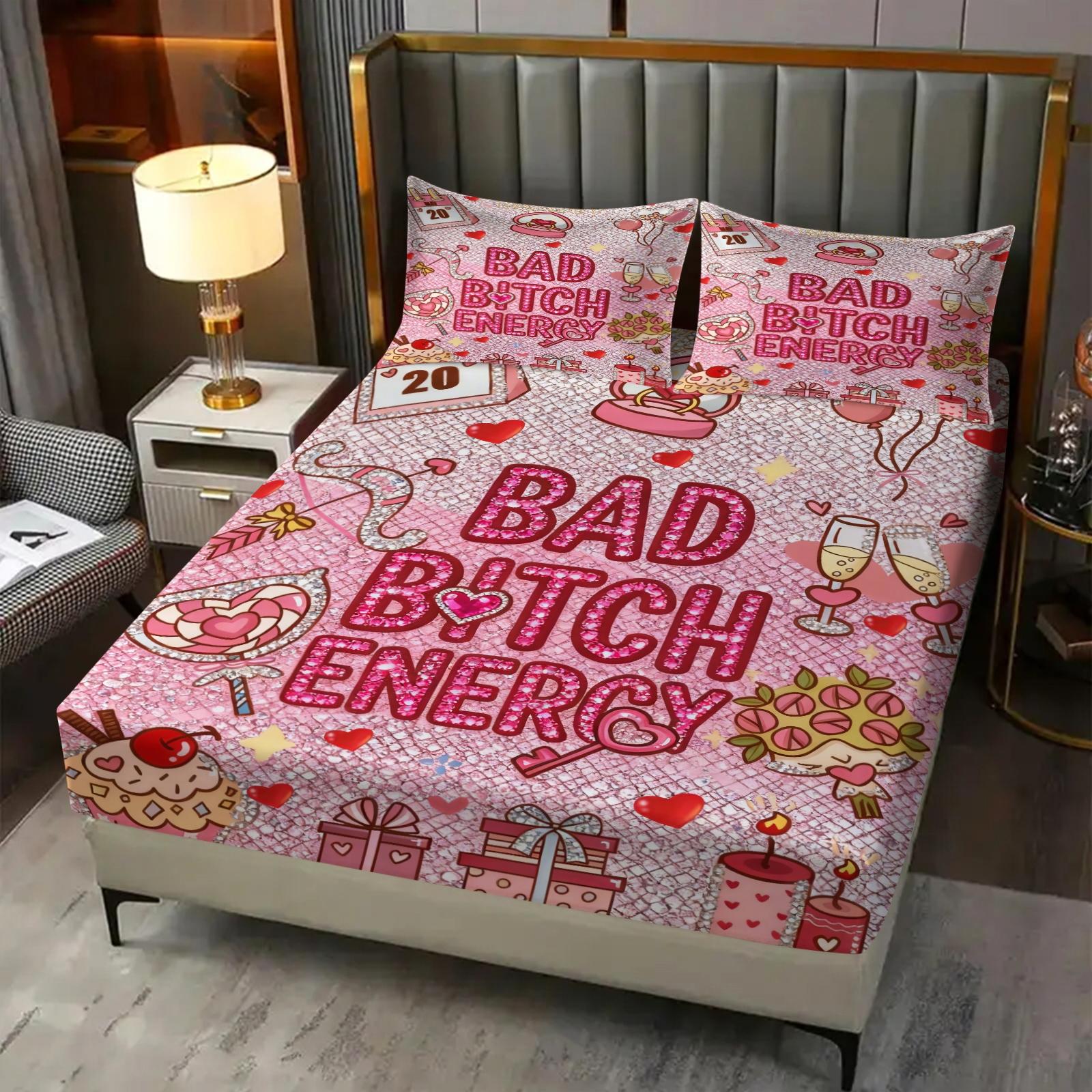 Sparkling Diamond Texture Slogan Print Fitted Sheet Set, Sweet Light Pink Bedding Set, Decorative Bedsheet Sets, Durable Soft Microfiber Bedding, Sweet Colors, Perfect for Room Decoration, 3Pcs Includes Two Pillowcases