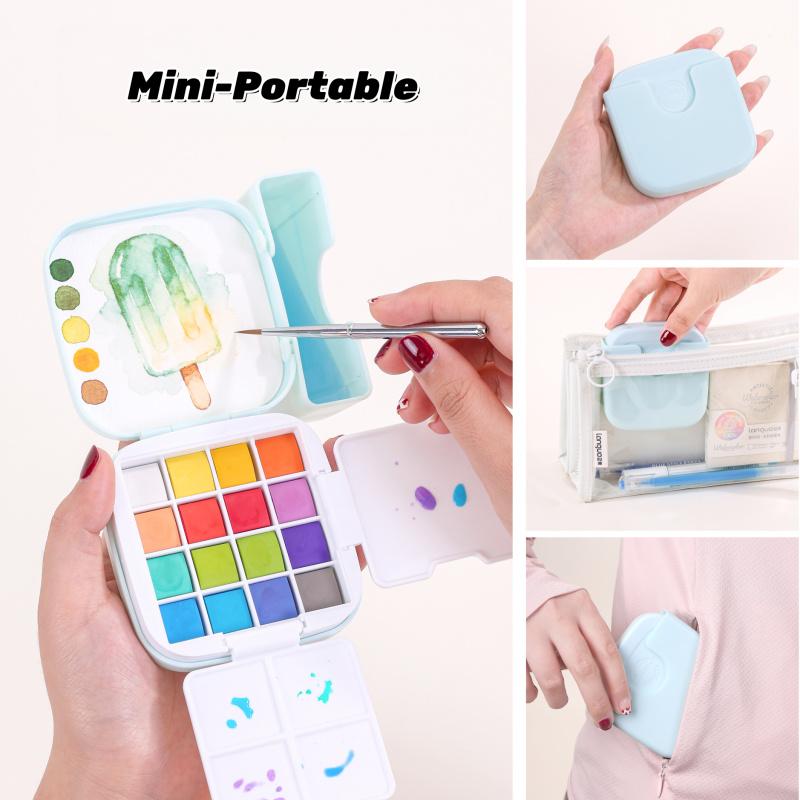 Travel Watercolor Paint Set - Artist Bundle 16 Colors with Palette,Portable Watercolor Travel Kit with Brush, Coloring Card, Brush Washing Box for Adults, Artists & Professionals