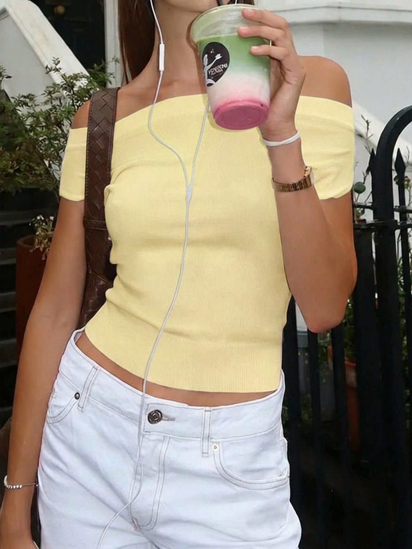 Asymmetrical One-Shoulder Knit Short-Sleeve Top, Casual Solid-Color Fitted Short Top, Versatile Basic Summer Top